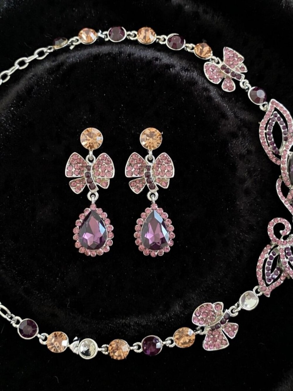 Purple Crystal Bow Necklace & Earrings Set – Amethyst Teardrop Jewelry